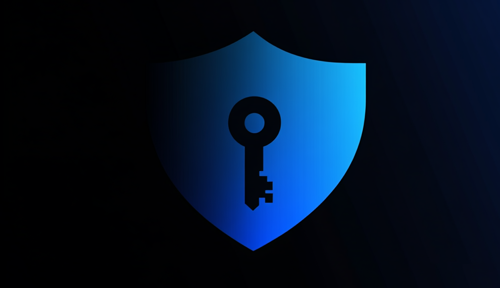 Black and blue gradient shield with a key